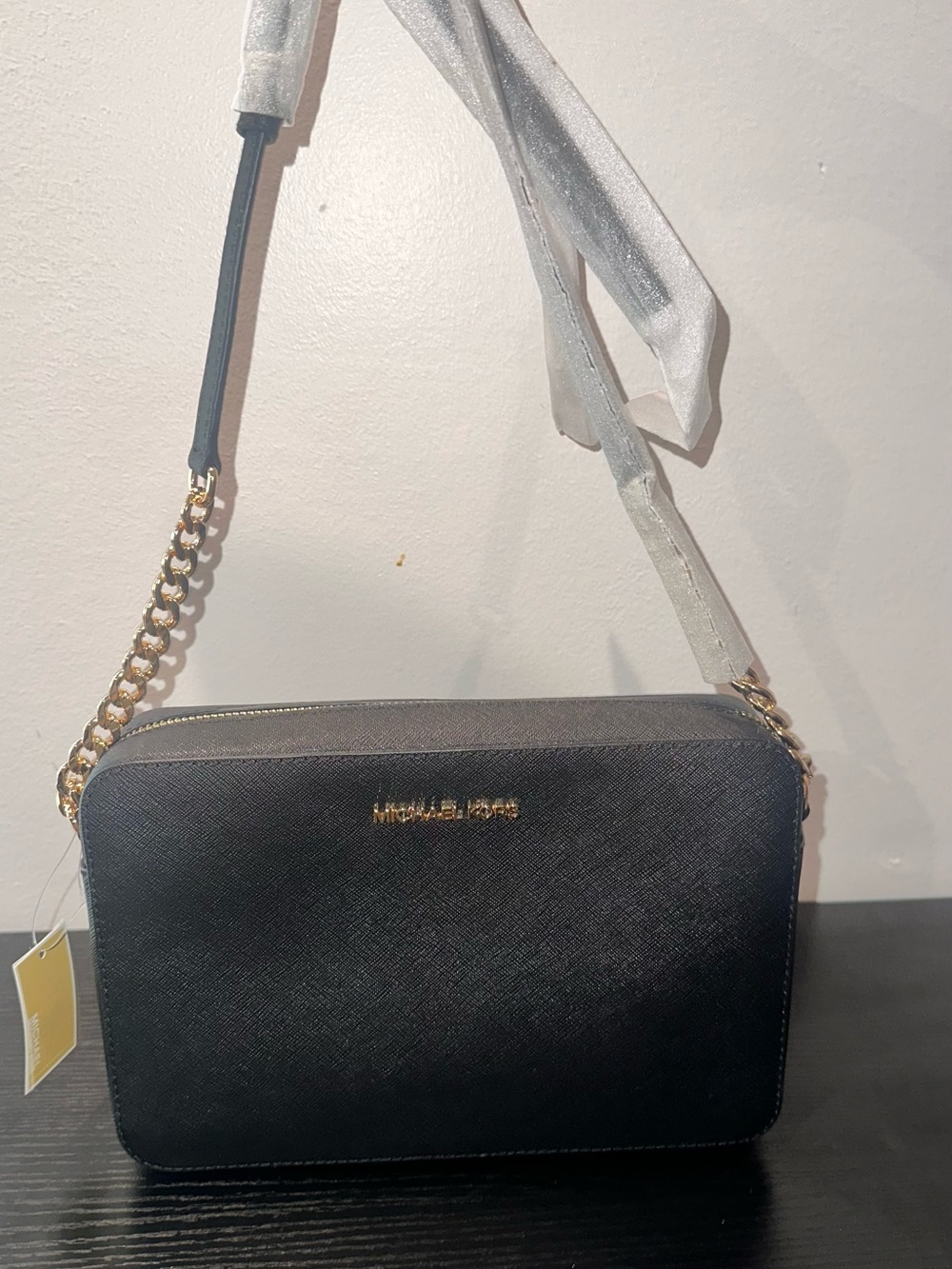 Michael Kors Black Saffiano Crossbody with Gold Chain
